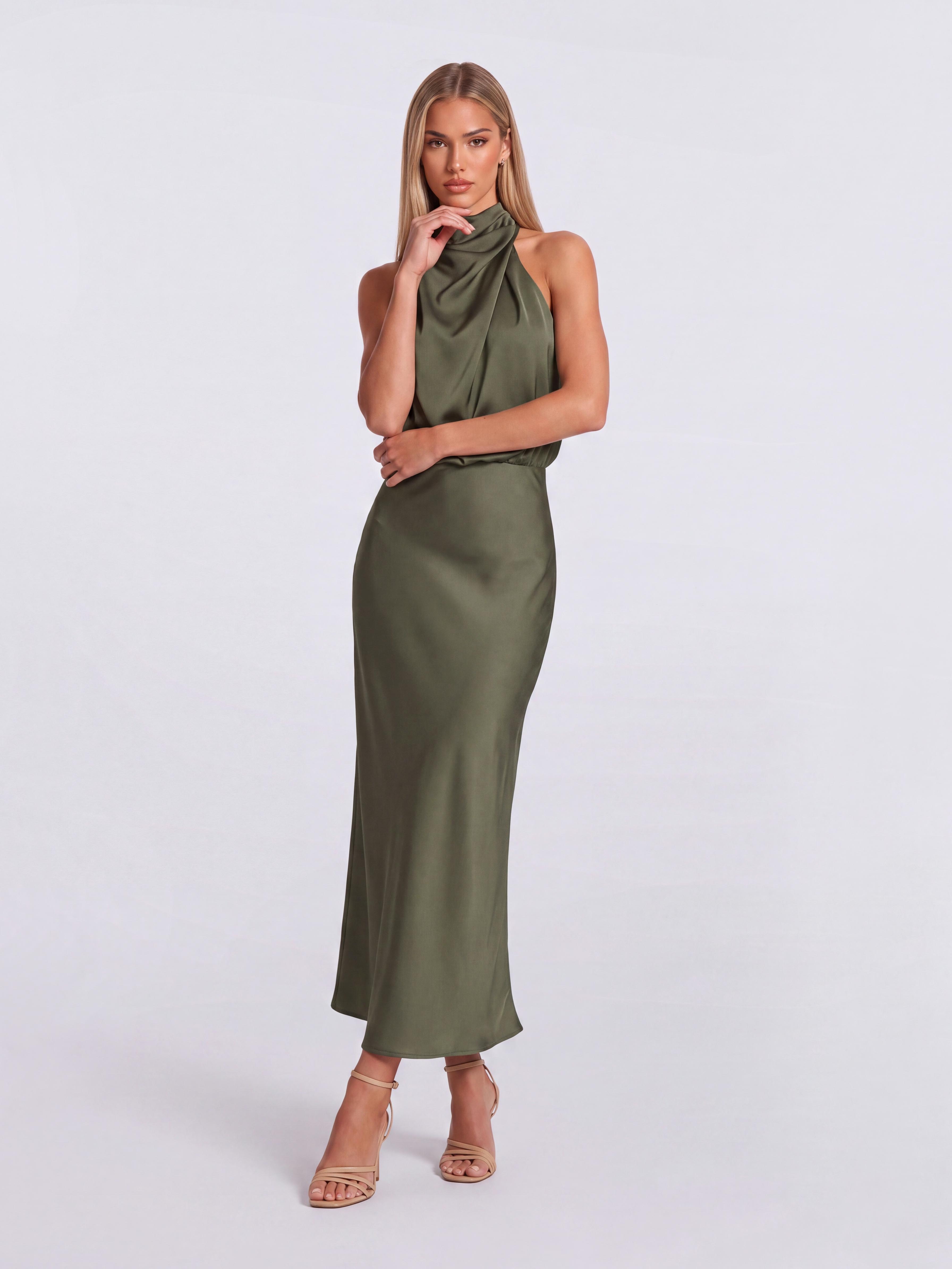 Slim-Fit Fishtail Mid-Length Neck Satin Dress