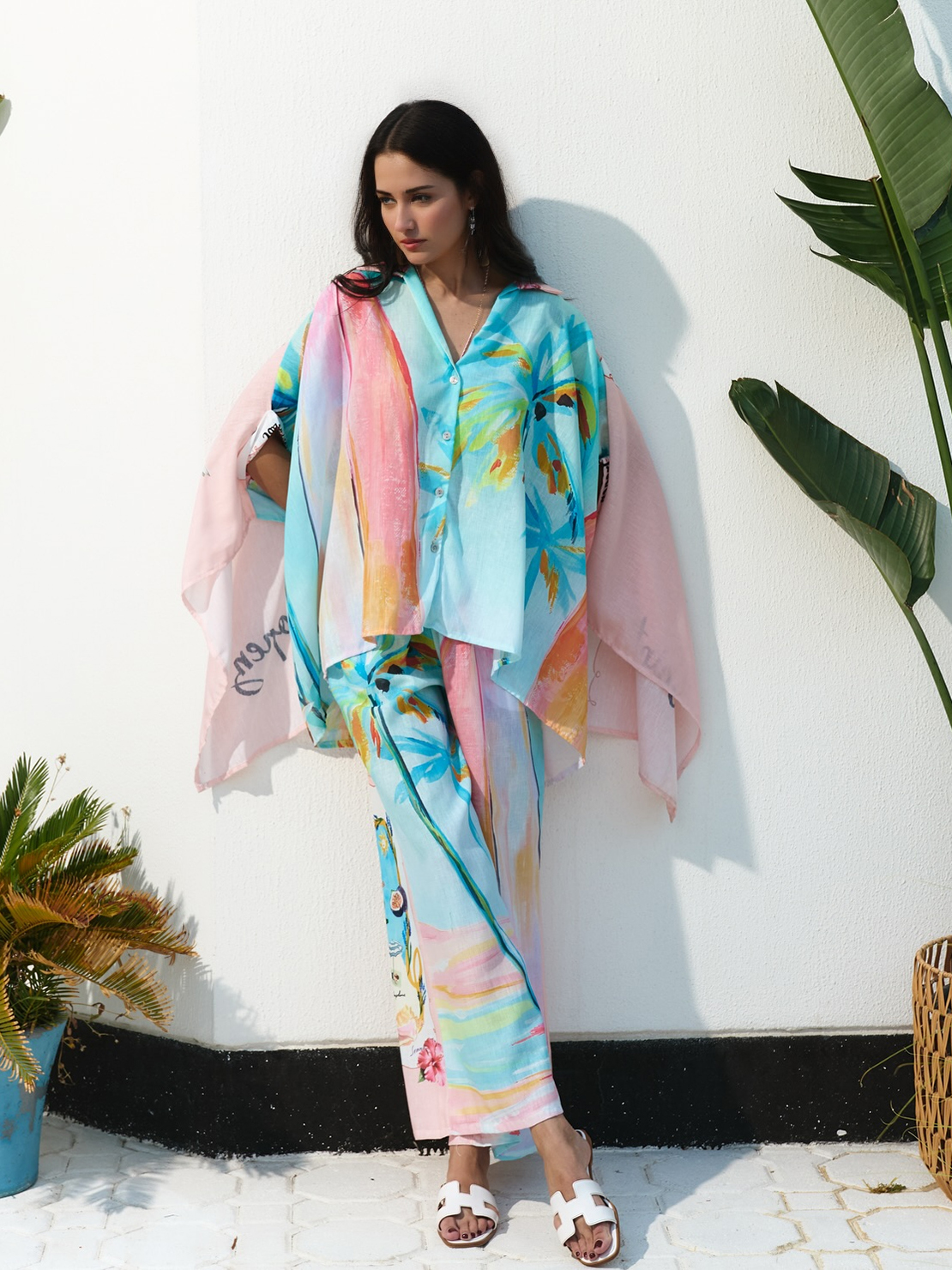 Unique Oil Painting Coconut Tree Print Wide Leg Pants