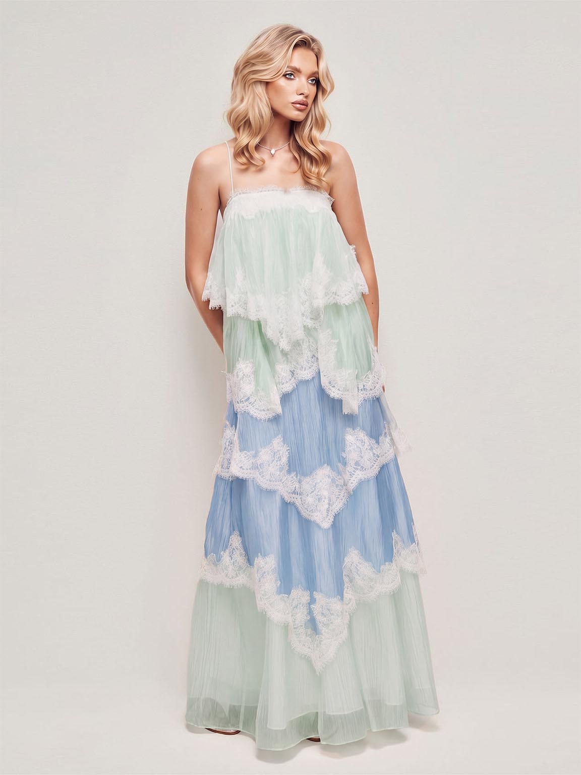 Ombre Tiered Lace Trim Spaghetti Strap Maxi Dress