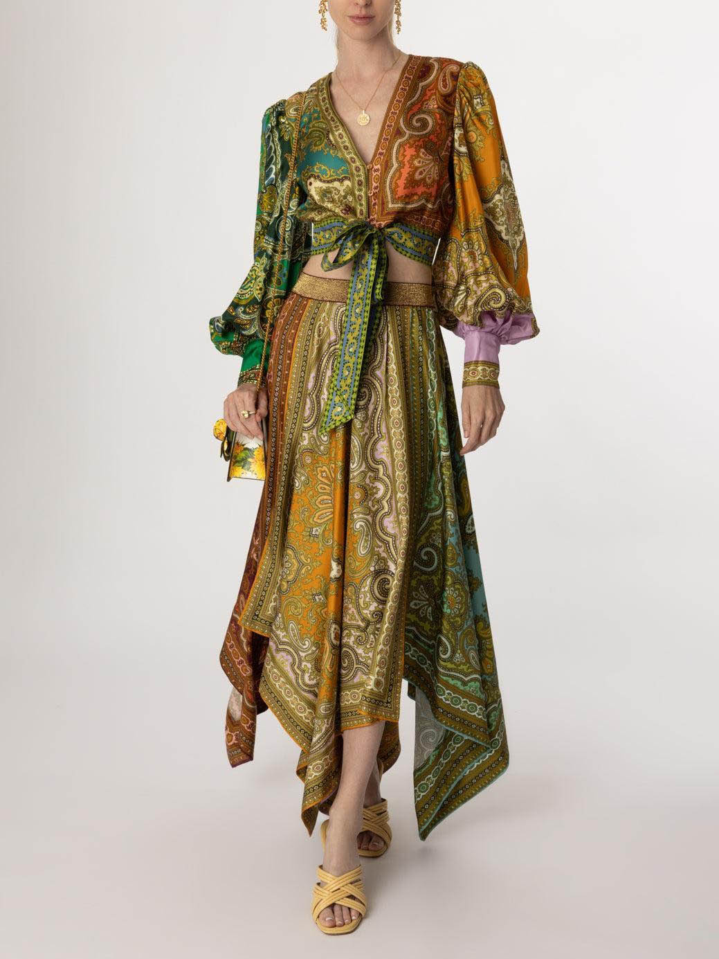 Exquisite Bohemian Paisley Print Satin Tie-Front Blouse