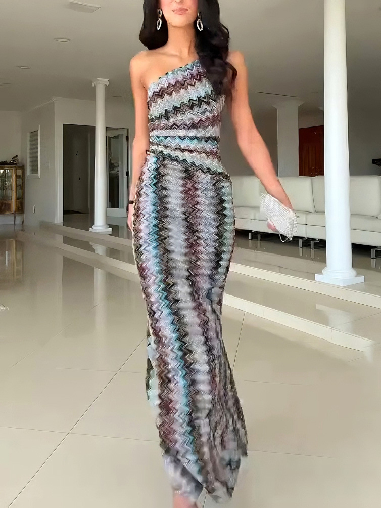 Elegant Asymmetric Neckline Geometric Print Maxi Dress