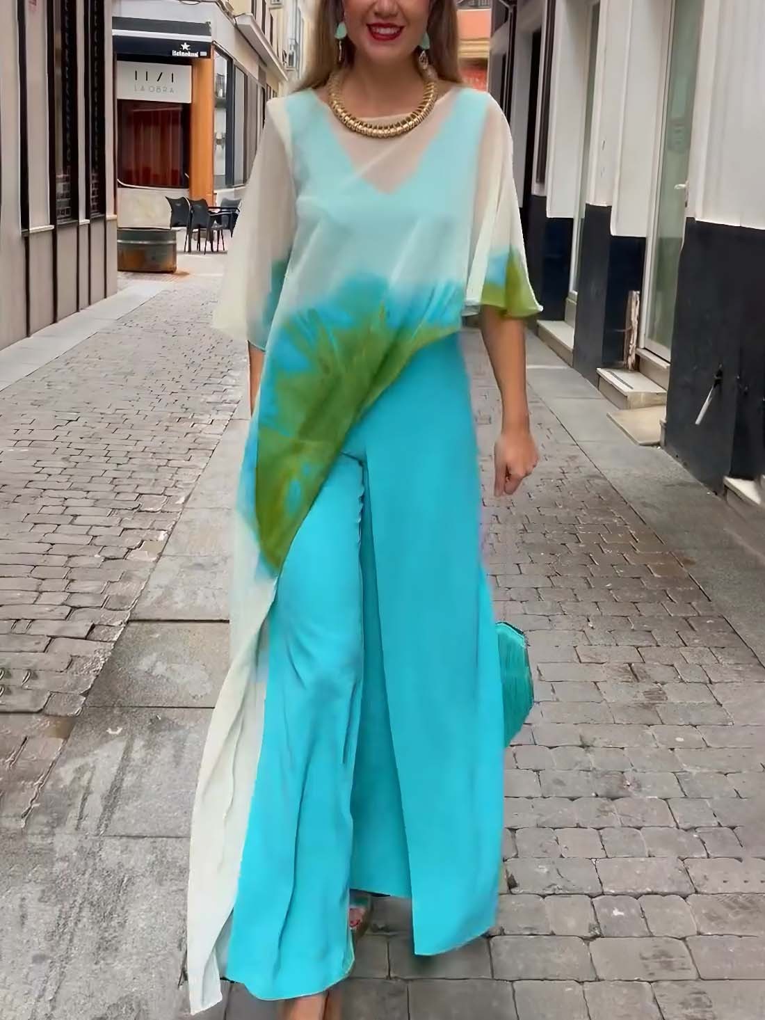 Abstract Watercolor Print Asymmetrical Two-piece Set