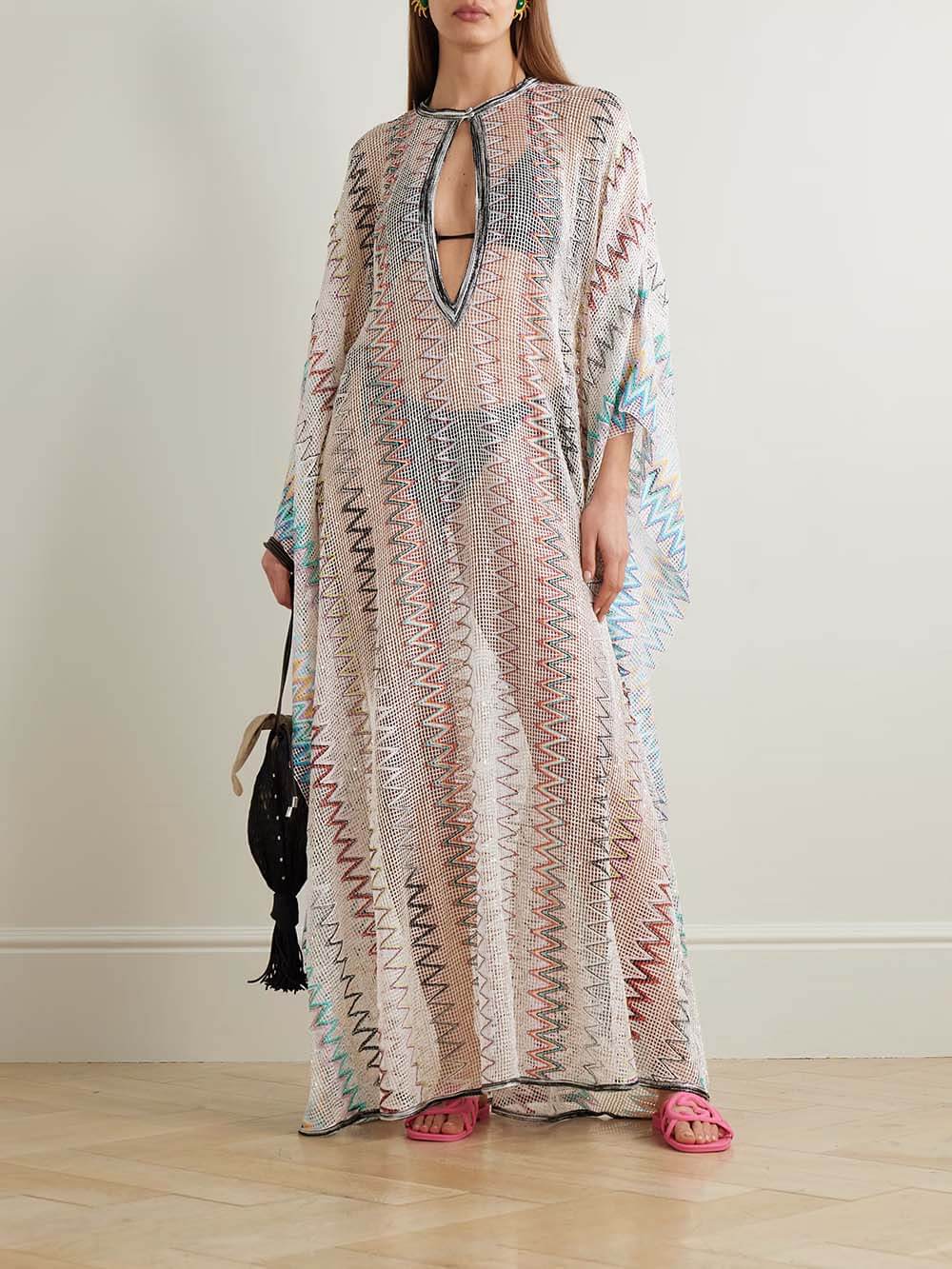 Casual Sequin Stripe Print Openwork Knit Maxi Dress