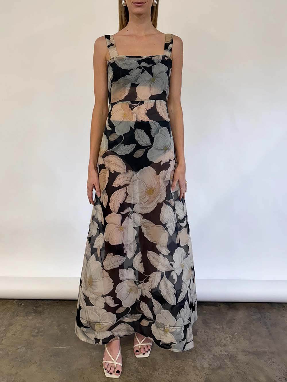 Exquisite Black Rose Print A-Line Maxi Dress