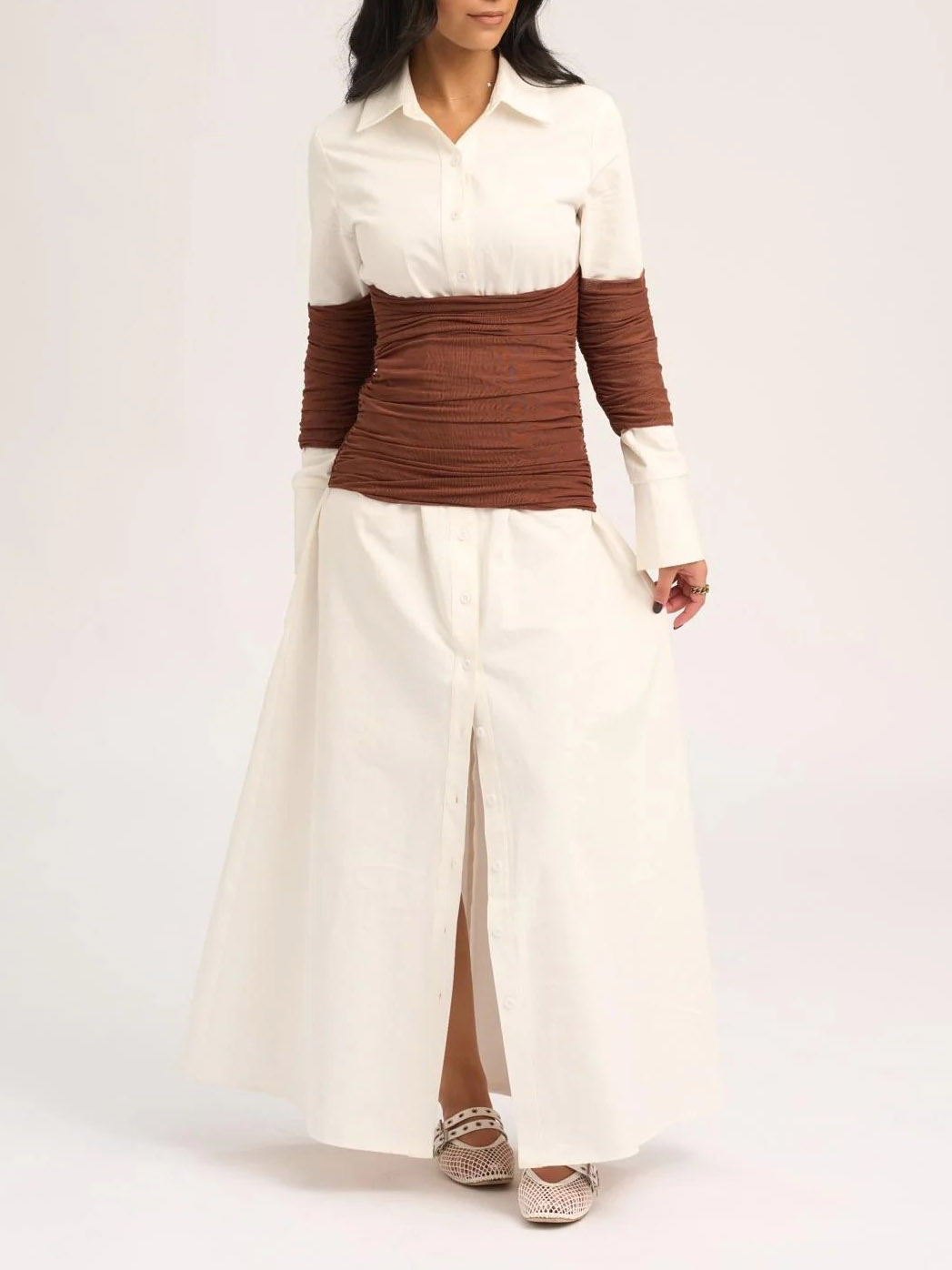 Elegant Mesh Panel Shirt Maxi Dress