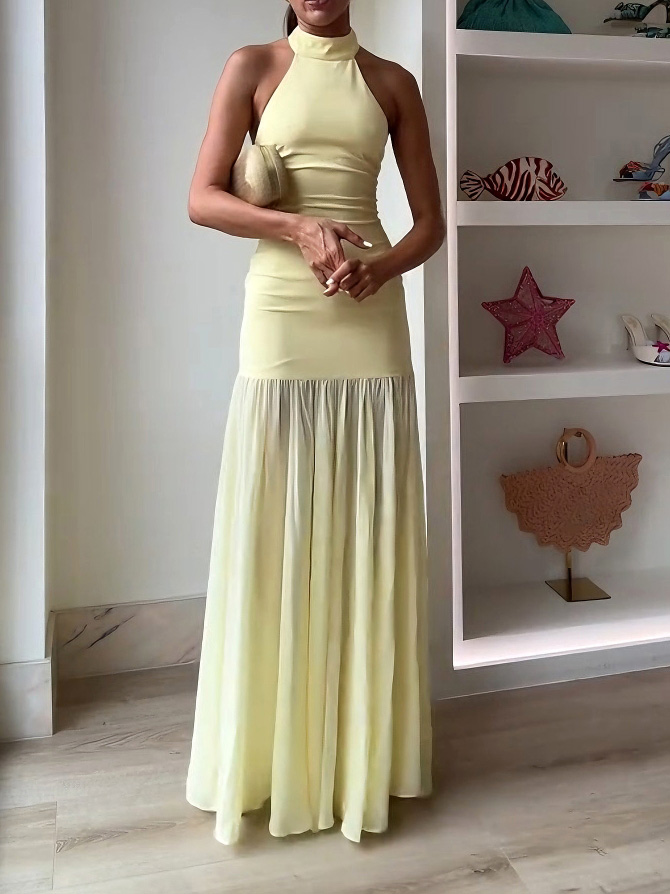 Elegant Halter Neck Ruched Drop Waist Maxi Dress