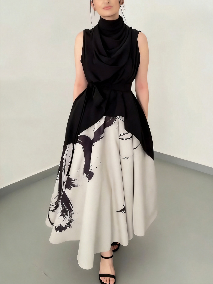 Elegant Abstract Print Draped Midi Dress Two-piece Set