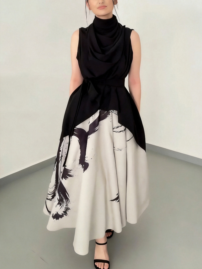 Elegant Abstract Print Draped Midi Dress Two-piece Set