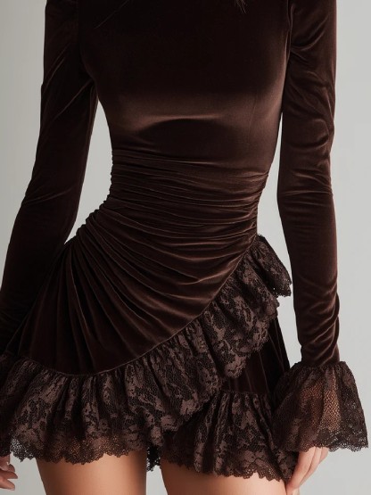 Elegant Velvet Ruffled Lace Mini Dress