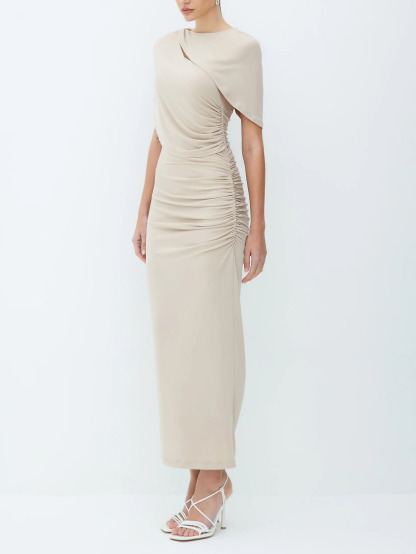 Elegant Cover-Up Pleated Back Slit Midi Dress