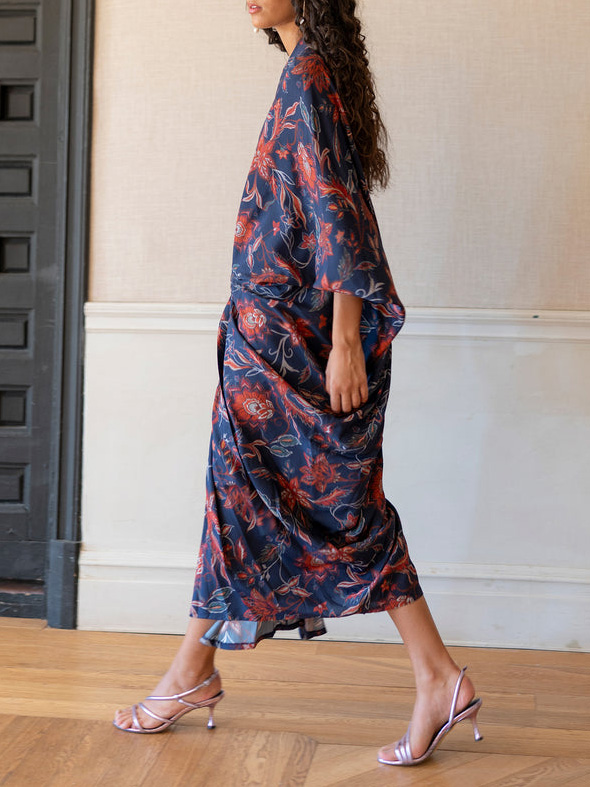 Retro Bohemian Floral Print Lace-Up Loose Maxi Dress