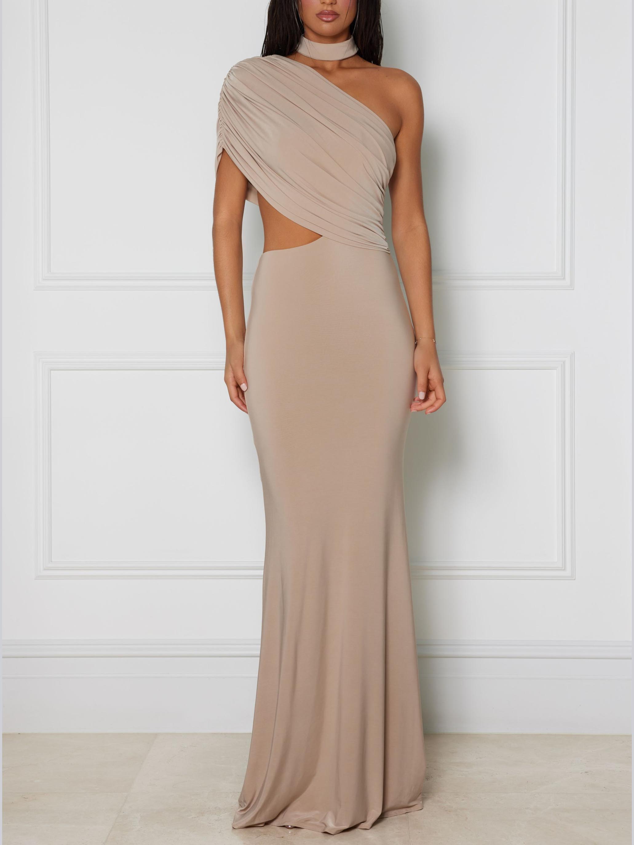 Elegant One-Shoulder Cutout Draped Maxi Dress