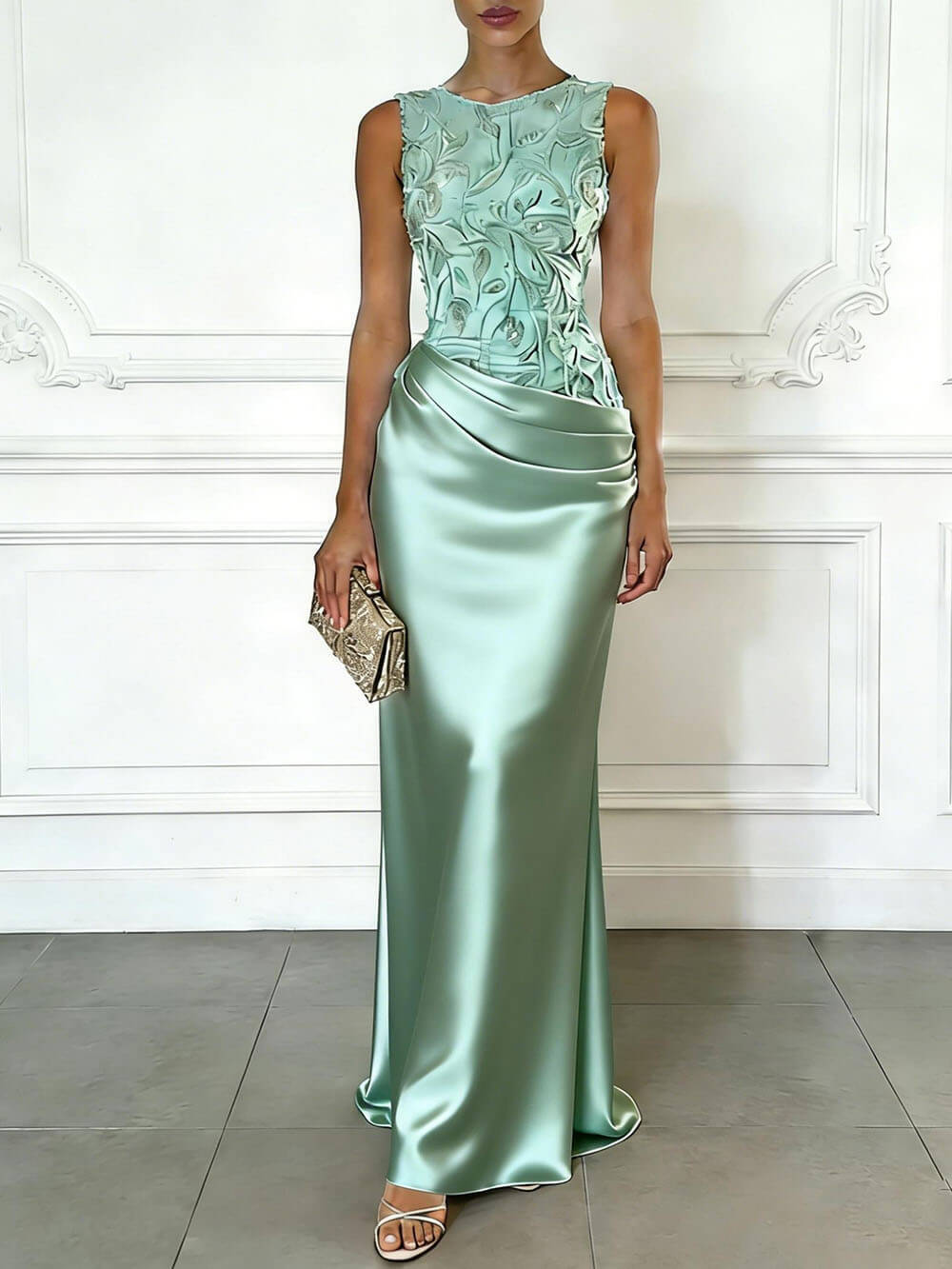 Elegant Green Embroidery Satin Crew Neck Sleeveless Sheath Maxi Dress