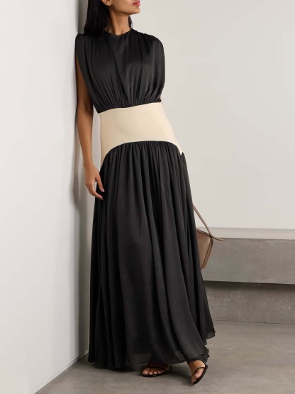 Elegant Wide Belted Pleated Sleeveless Maxi Dress