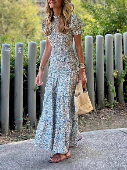 Retro Pleated  Floral Print Ruched Ruffle Maxi Skirt