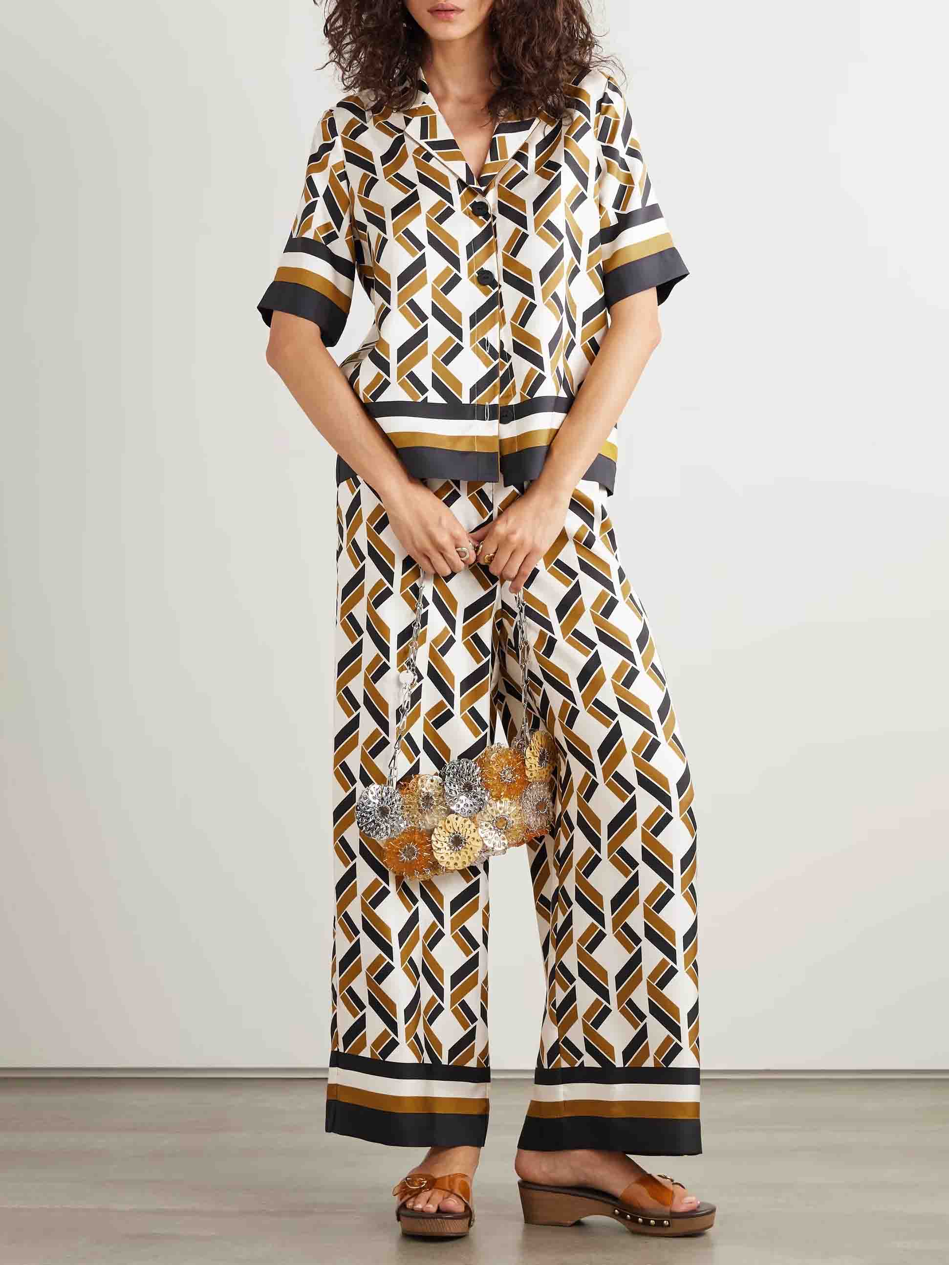 Exquisite Satin Geometric Print Elastic Wide-leg Pants