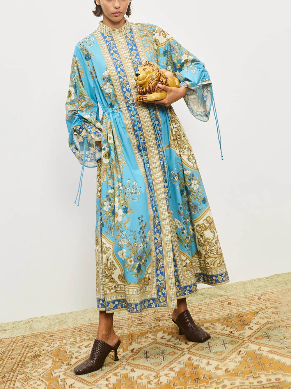 Unique Effortless Floral Print Cuffs Waist Drawstring Loose Shirt Silhouette Dress