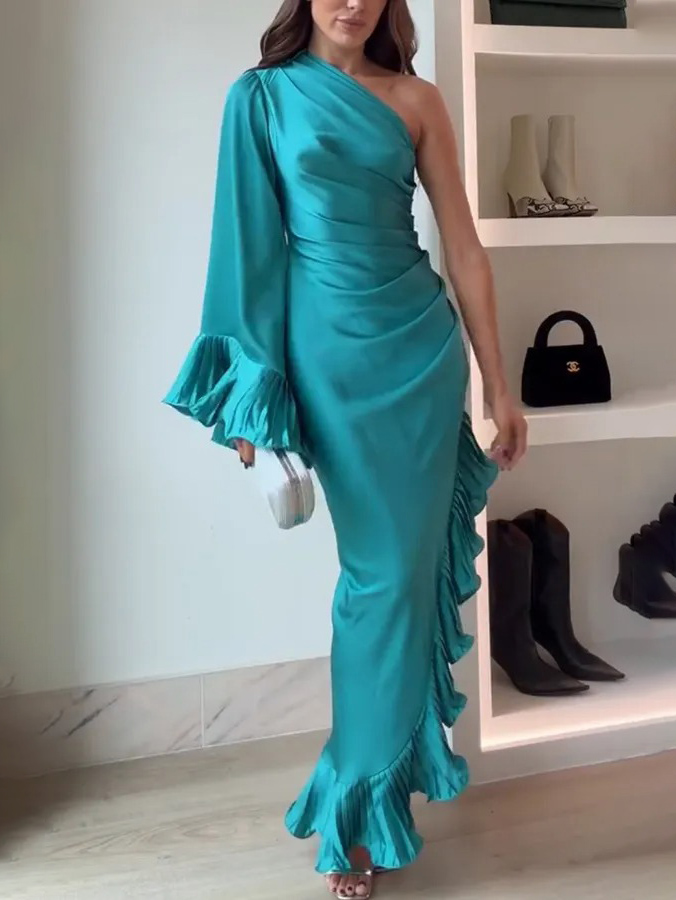 Elegant Satin One-shoulder Ruffled Asymmetrical Maxi Dress