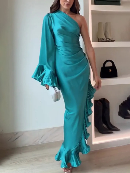 Elegant Satin One-shoulder Ruffled Asymmetrical Maxi Dress