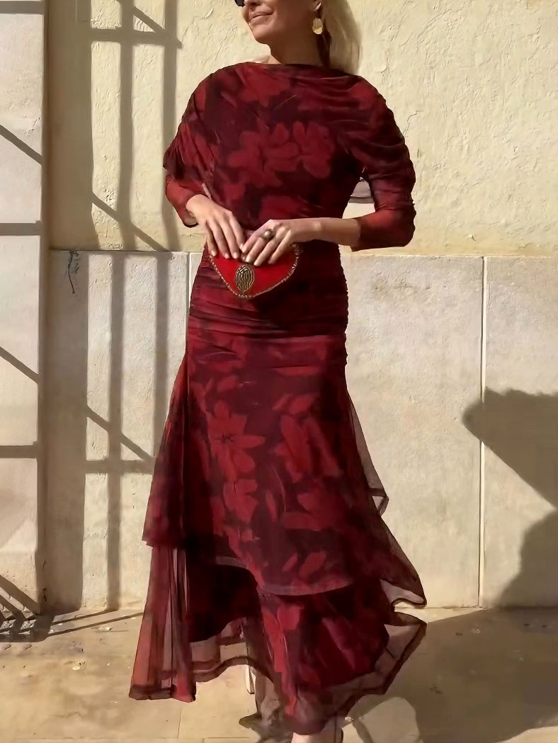 Elegant Mesh Printed Split Maxi Dress