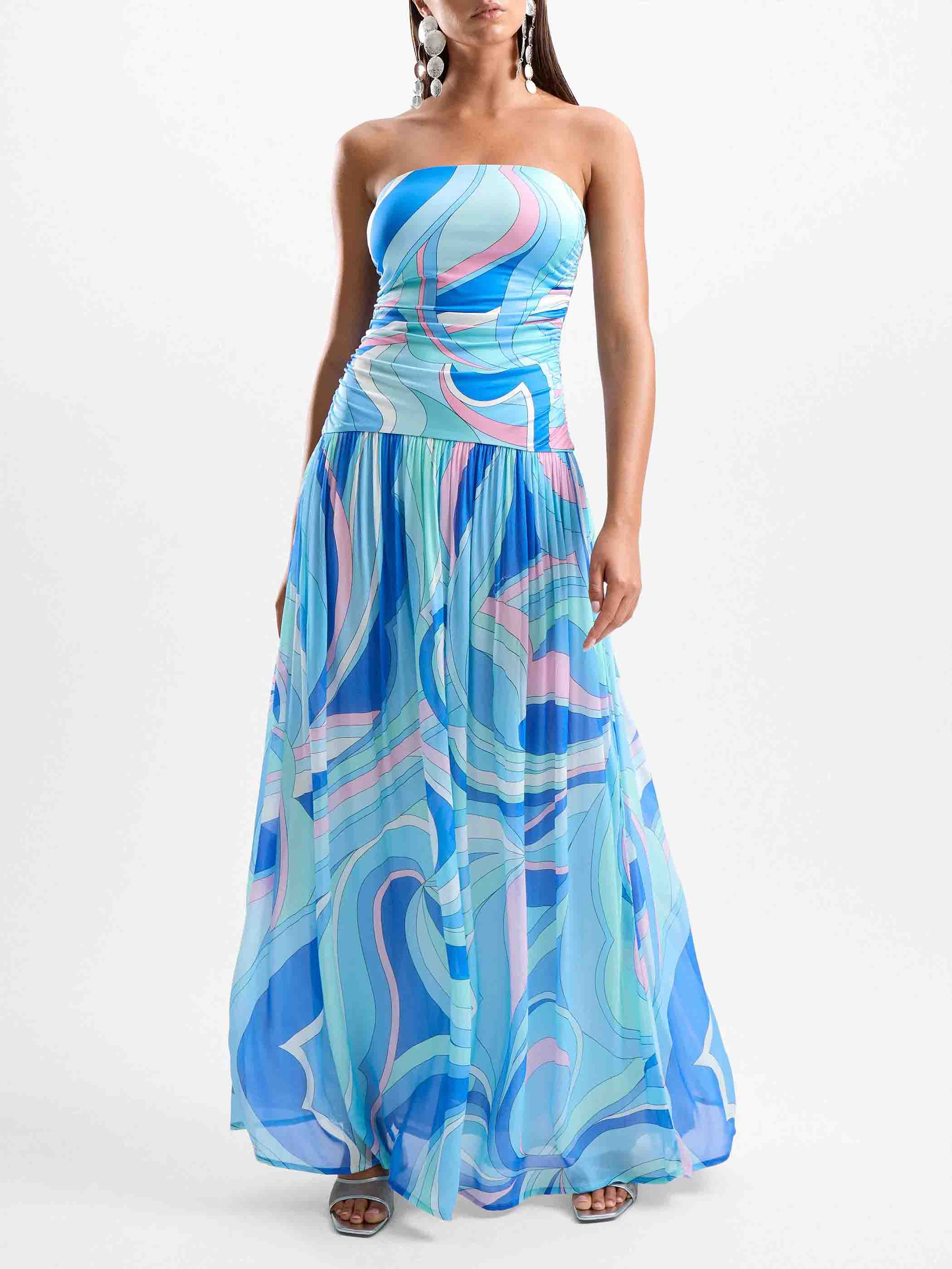 Exquisite Abstract Print Strapless Pleated Maxi Dress