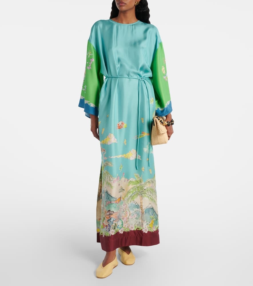 Unique Graphic Print Satin Lace-up Maxi Dress