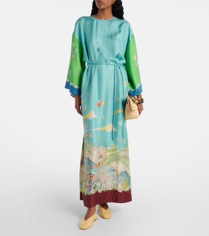 Unique Graphic Print Satin Lace-up Maxi Dress