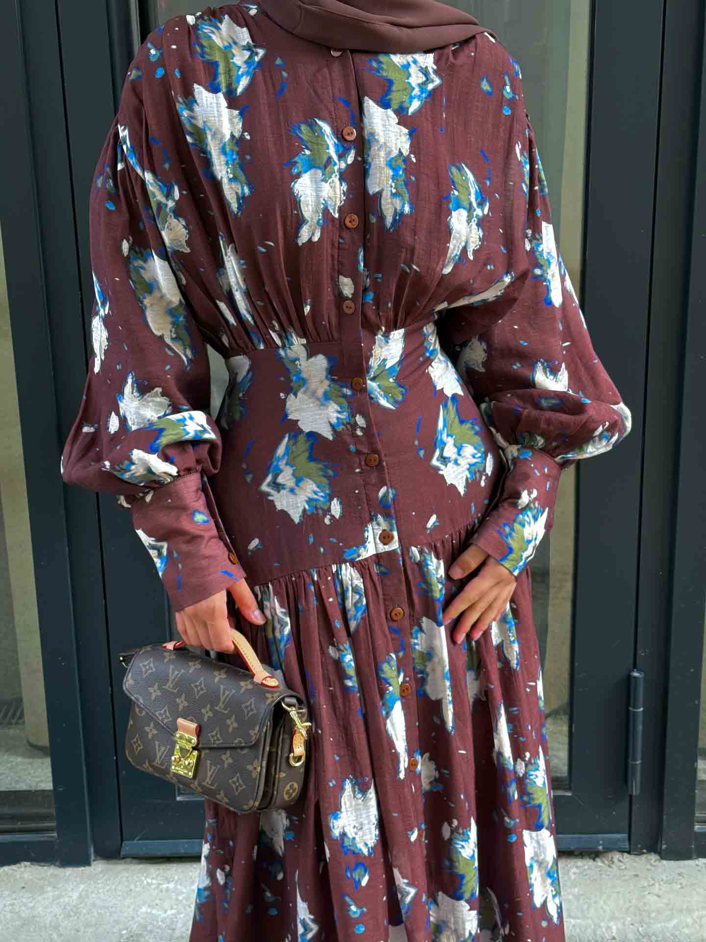 Retro Floral Print Pleated Balloon Sleeve Maxi Dress