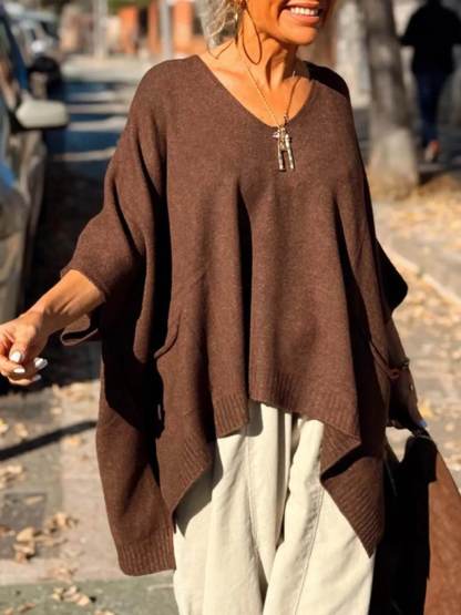 Classic Fashion V-neck Loose Pocket Mid-length Knitted Sweater