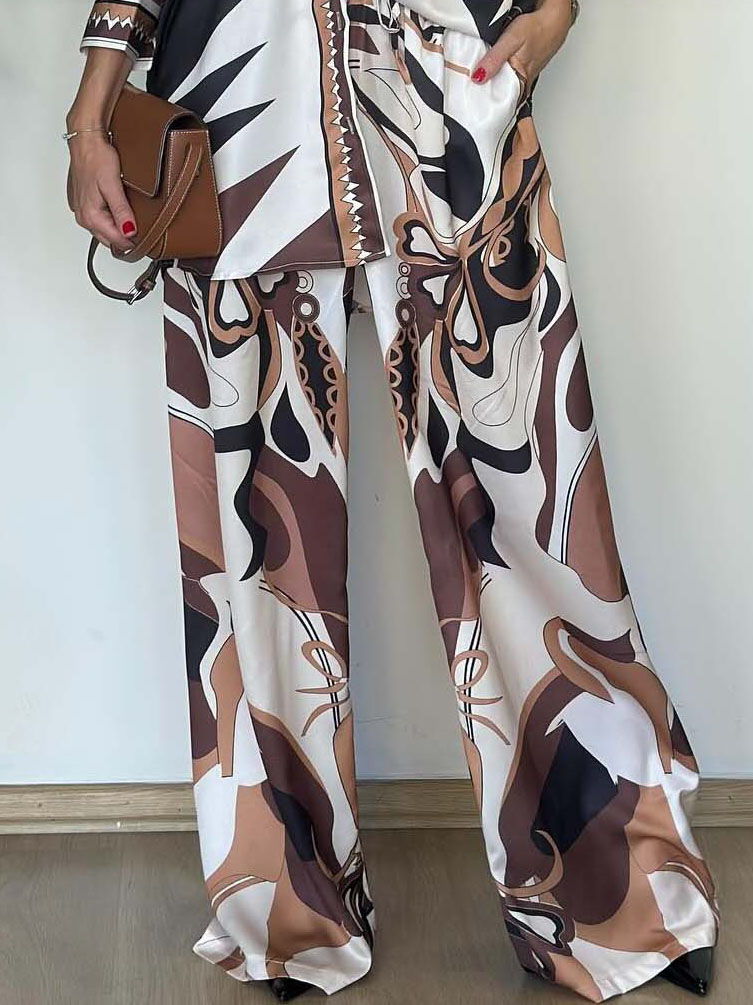 Unique Abstract Print Wide-Leg Satin Pants