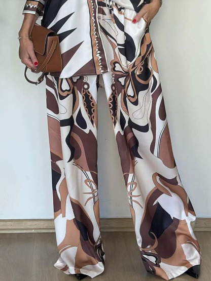 Unique Abstract Print Wide-Leg Satin Pants