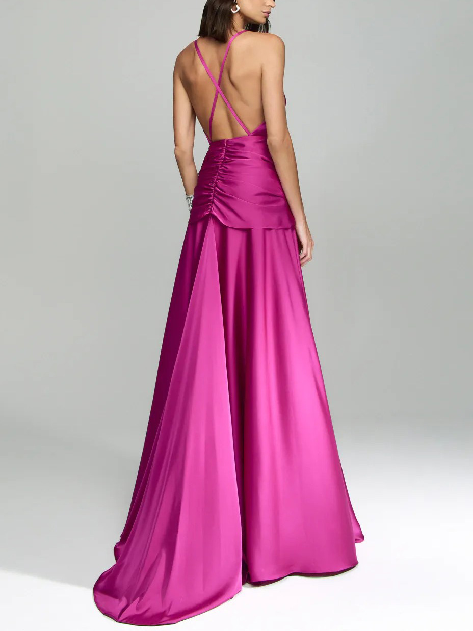 Elegant V-Neck Satin Tie-Waist Floor-Length Slip Dress