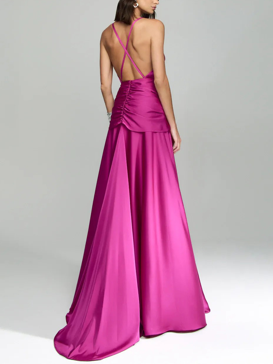 Elegant V-Neck Satin Tie-Waist Floor-Length Slip Dress