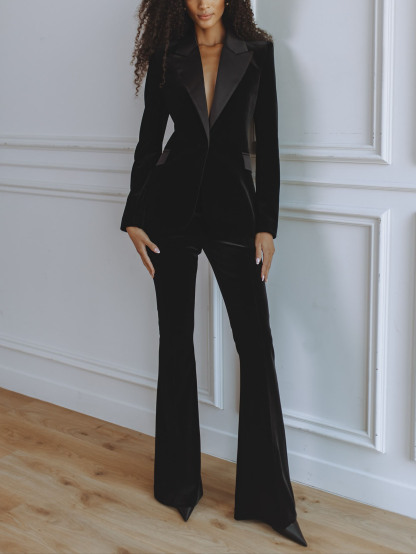 Elegant Satin Lapel Velvet Blazer