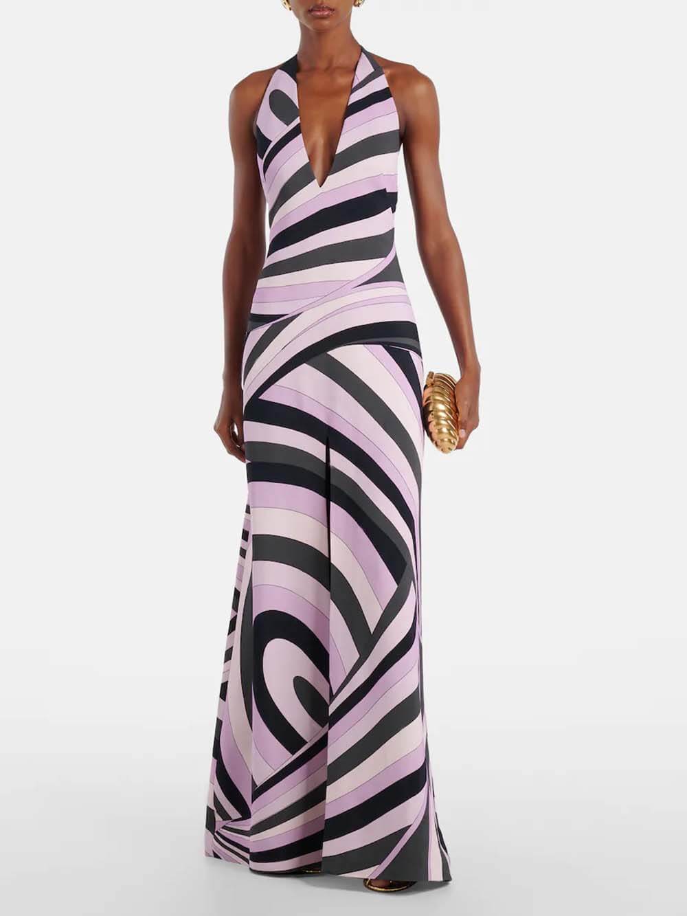 Exquisite Satin Print Halter Backless Maxi Dress