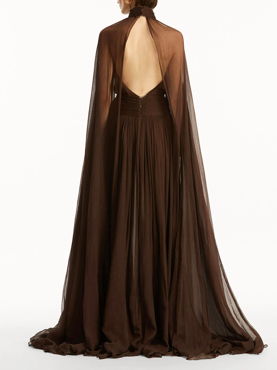 Elegant Draped Cape-style Pleated Maxi Dress