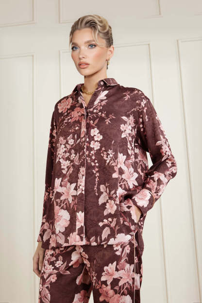 Exquisite Floral Print Satin Button-Up Shirt