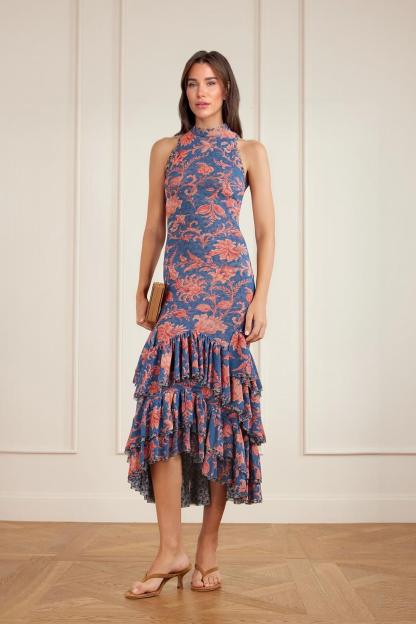 Fashionable Ruffled Paisley Print Tulle Midi Dress