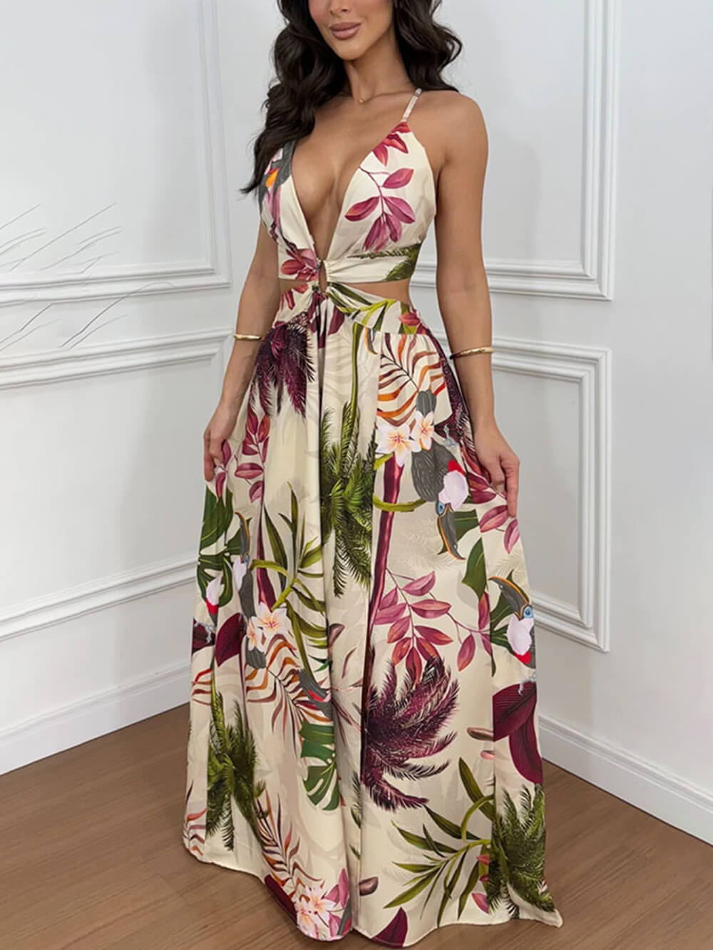 Bohemian Apricot Backless Printed Slit Party Maxi Dress