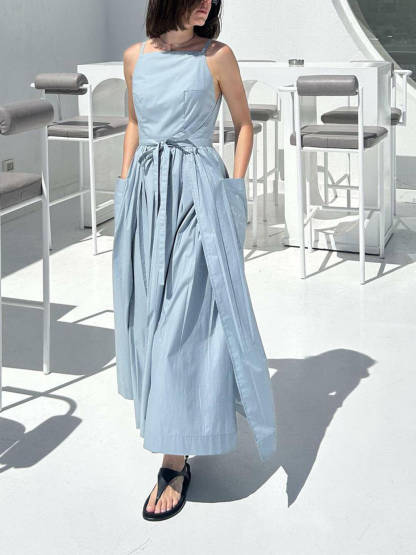 Unique Side Slit Lace-Up Pocket Vest Dress
