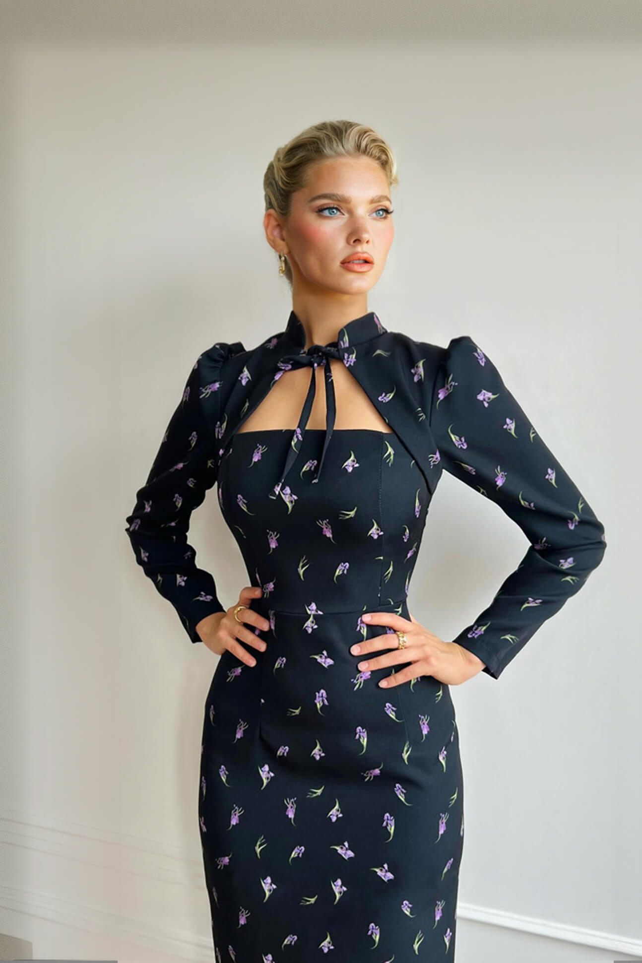 Elegant Printed High Neck Tie-Waist Slit Maxi Dress