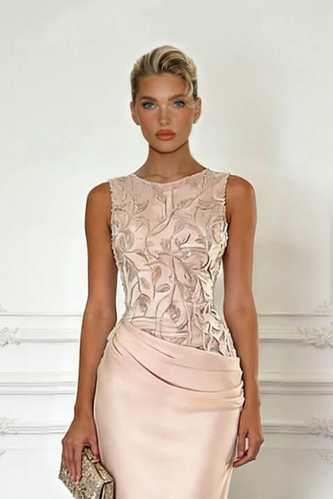 Elegant Green Embroidery Satin Crew Neck Sleeveless Sheath Maxi Dress