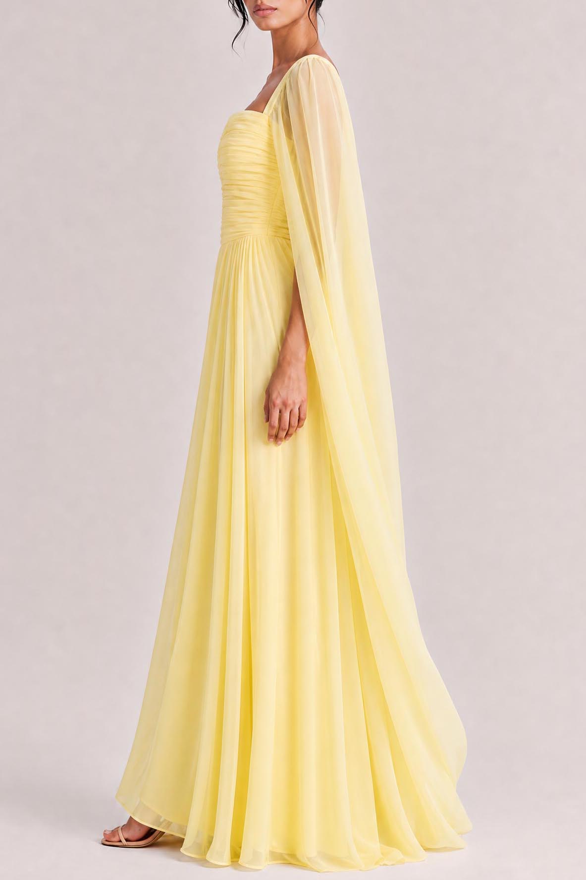 Elegant Cape Sleeve Pleated Chiffon Maxi Dress
