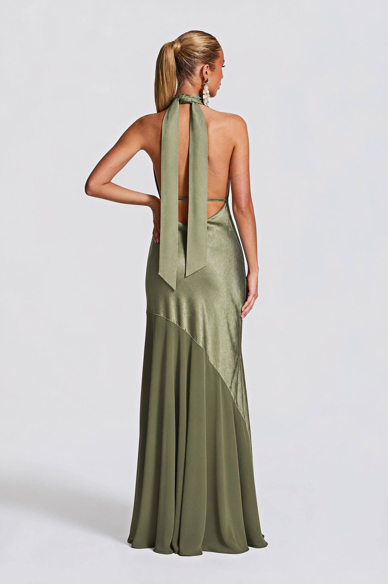 Olive Satin Halter Neck Deep V-Neck Mermaid Evening Gown - Sexy Backless Formal Dress For Party, Wedding & Gala