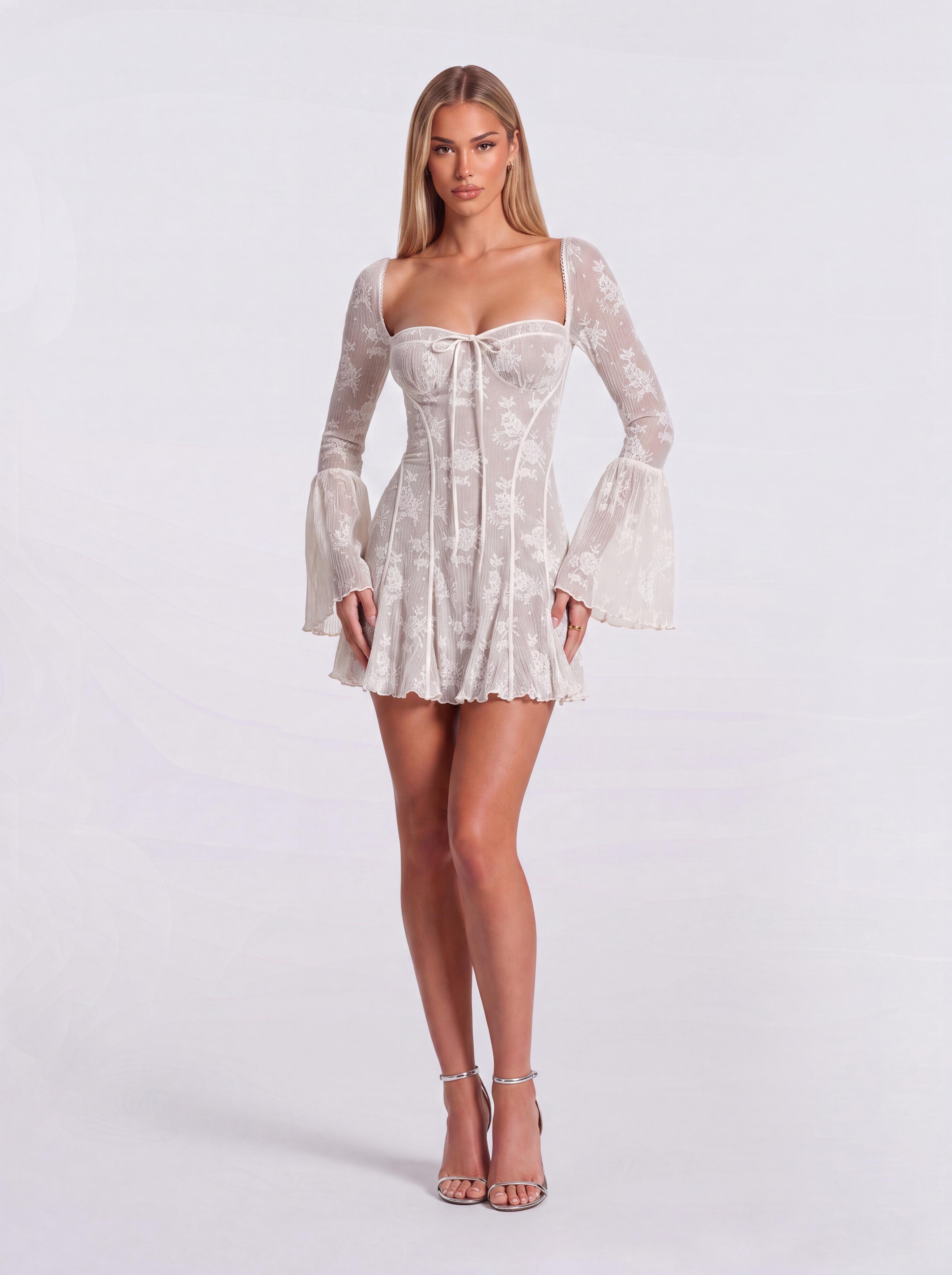 Floral Lace Trumpet Long Sleeve Square Neck Short Dress