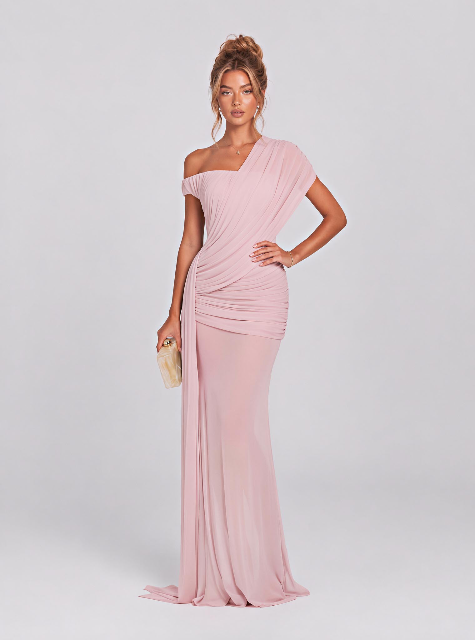 Draping Inclined Shoulder See-Through Gauze Long Dress