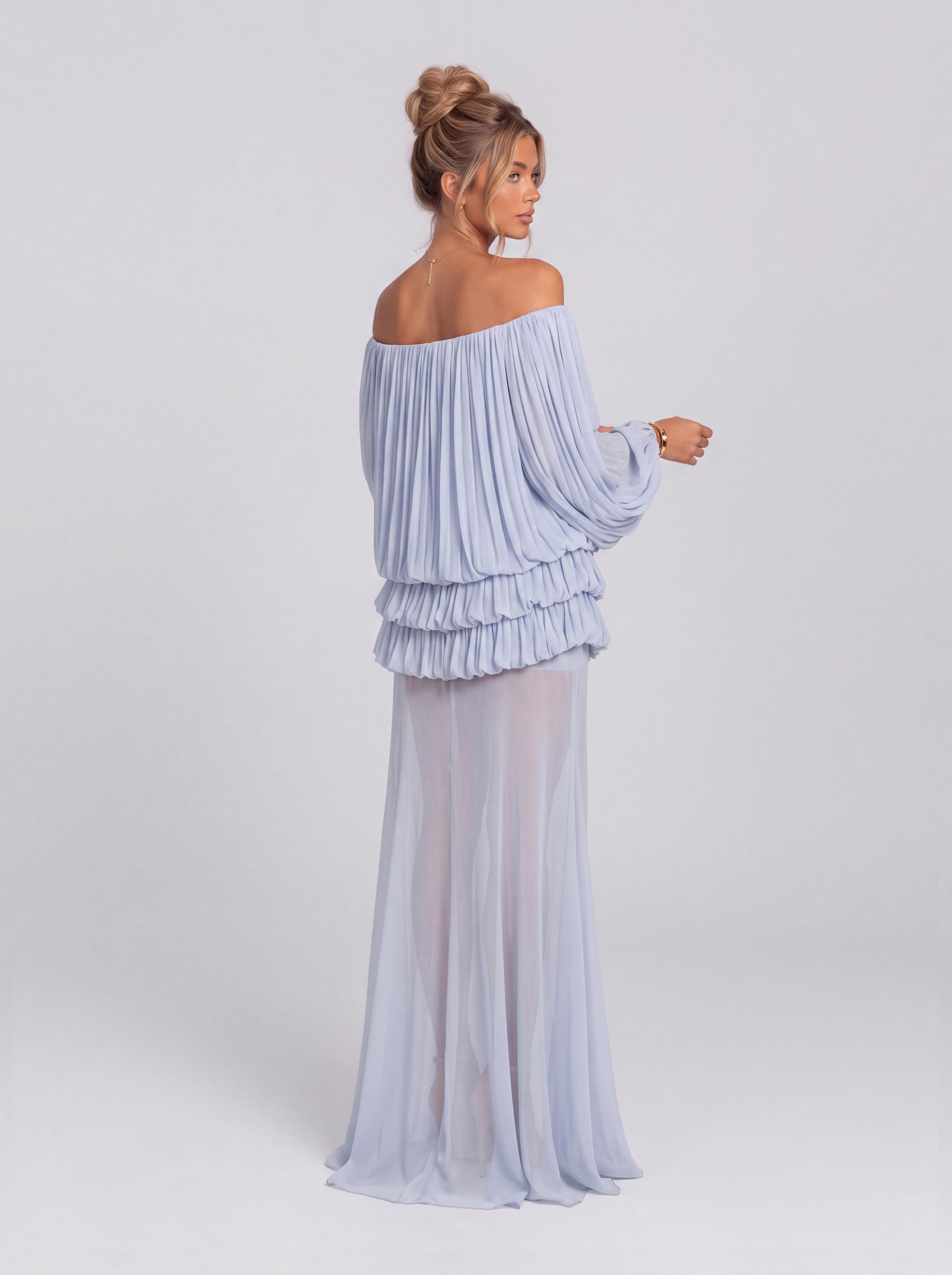 Pleated Off-shoulder Bubble Long Sleeve Perspective Long Party Dress