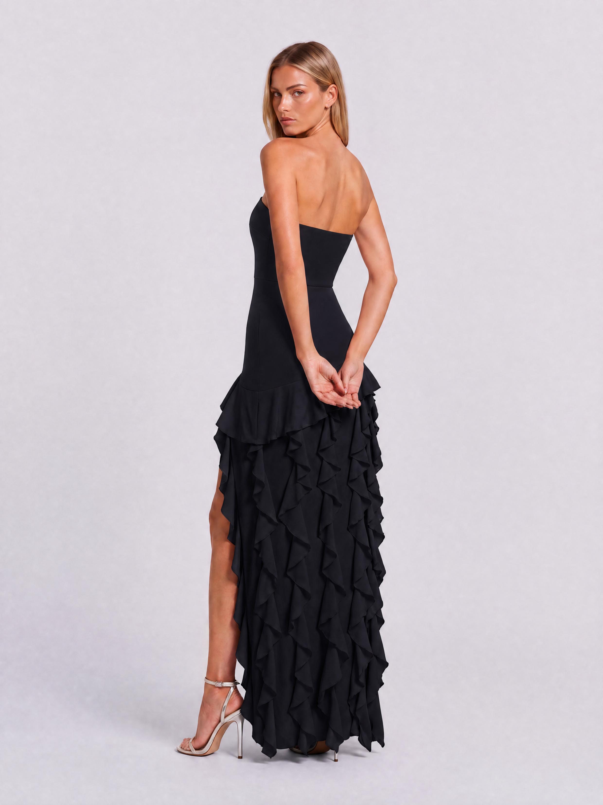 Strapless Ruffled High Split Slim-Fit Long Dress