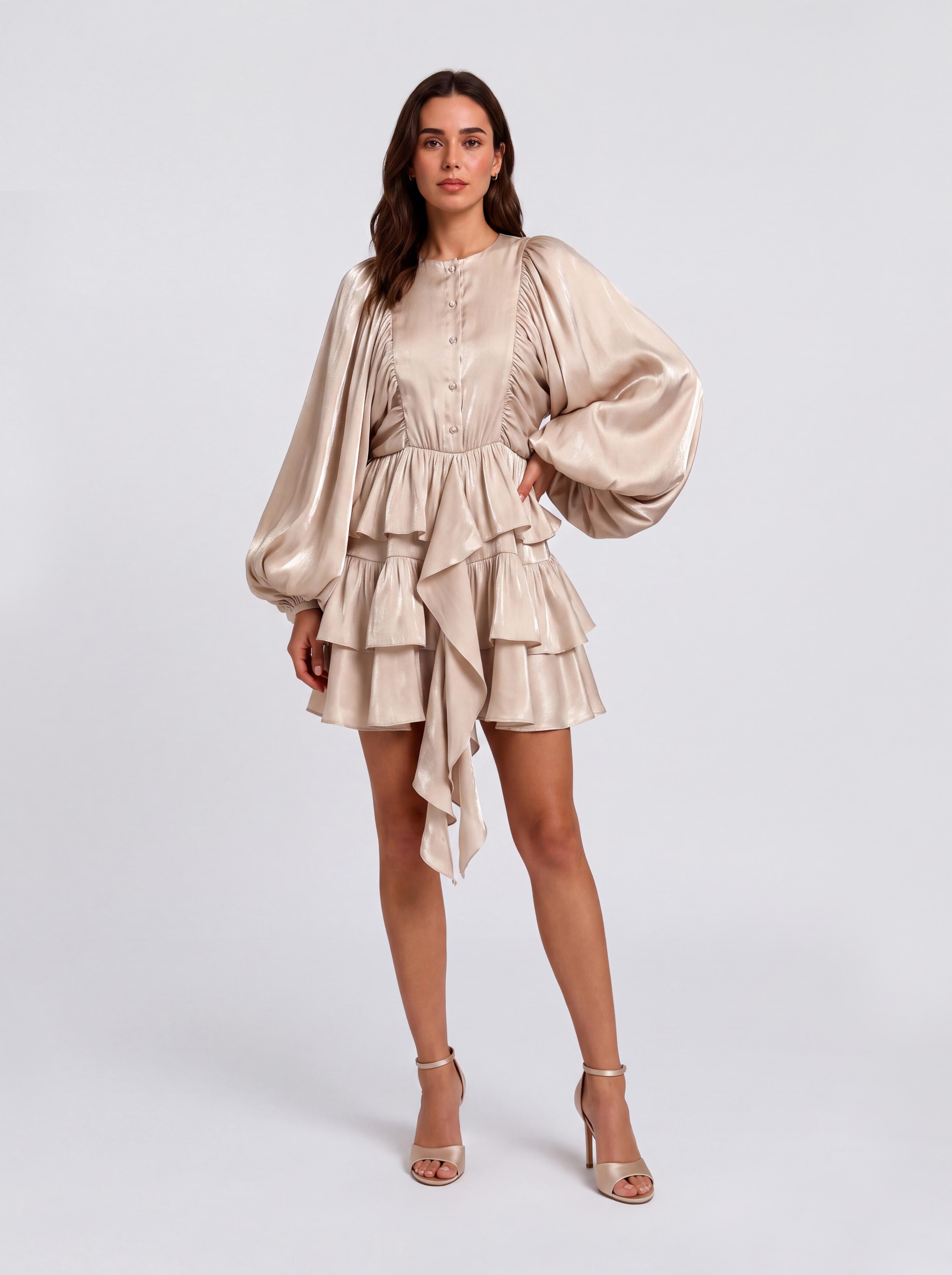 Layered Ruffled Puff Sleeve Short Dress
