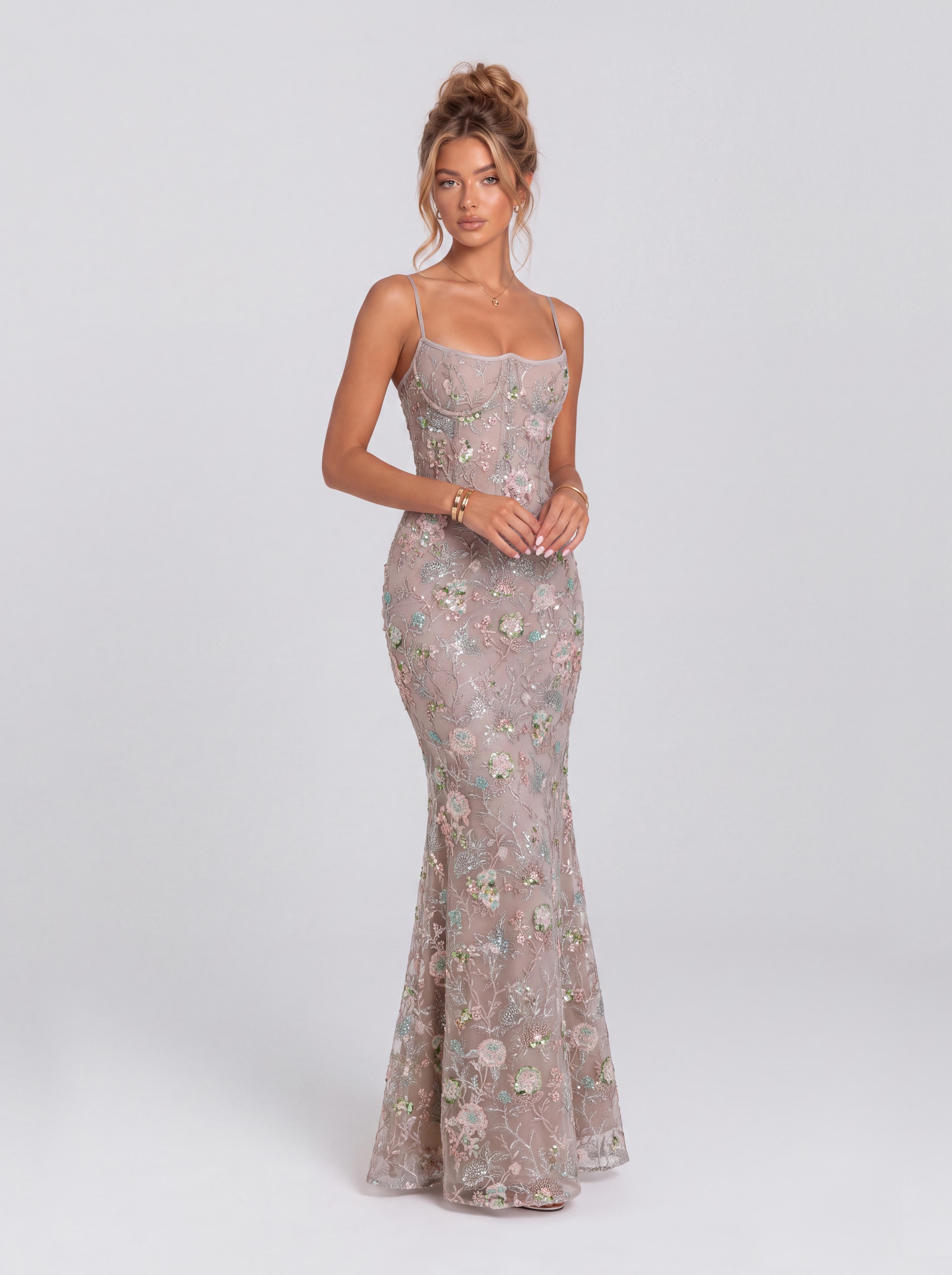 Vintage Floral Beaded Lace Belted Mermaid Dress